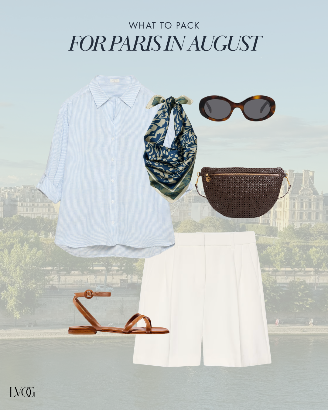 Paris August outfit with blue striped button-down shirt, white Bermuda shorts, silk scarf, and brown sandals