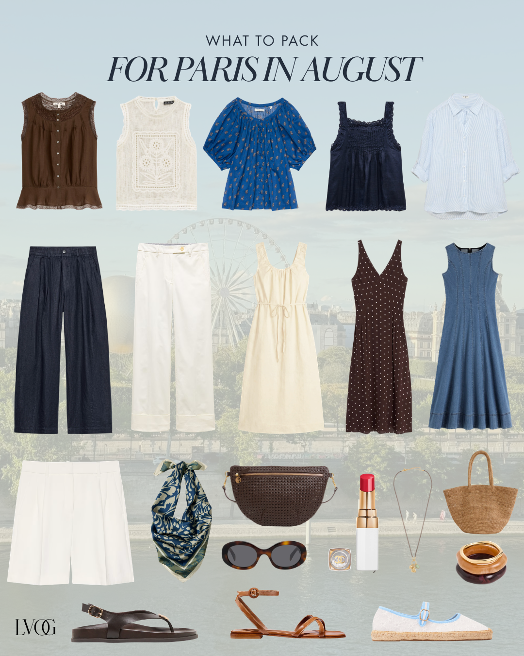Paris in August capsule wardrobe packing list with tops, linen pants, dresses, sandals, and accessories