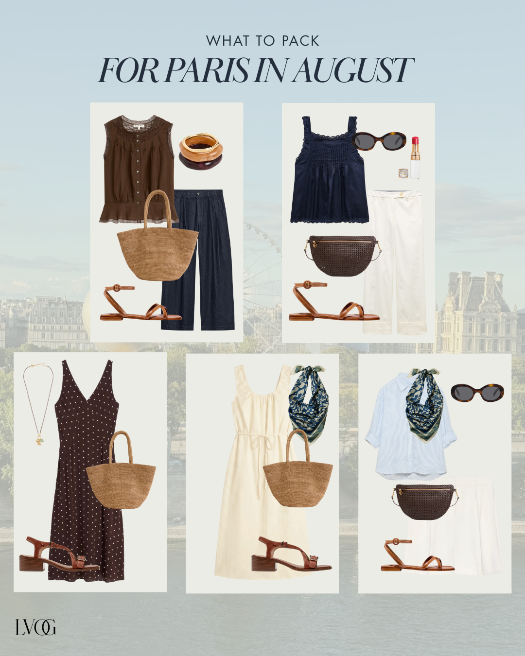 What to pack for Paris in August, five summer outfit ideas with linen pants, dresses, and brown sandals